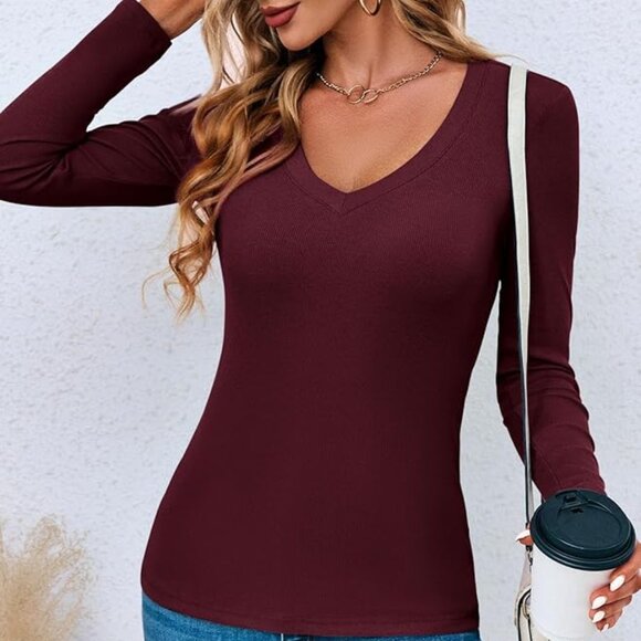 Long Sleeve V-Neck Ribbed T-Shirt - Picture 1 of 13